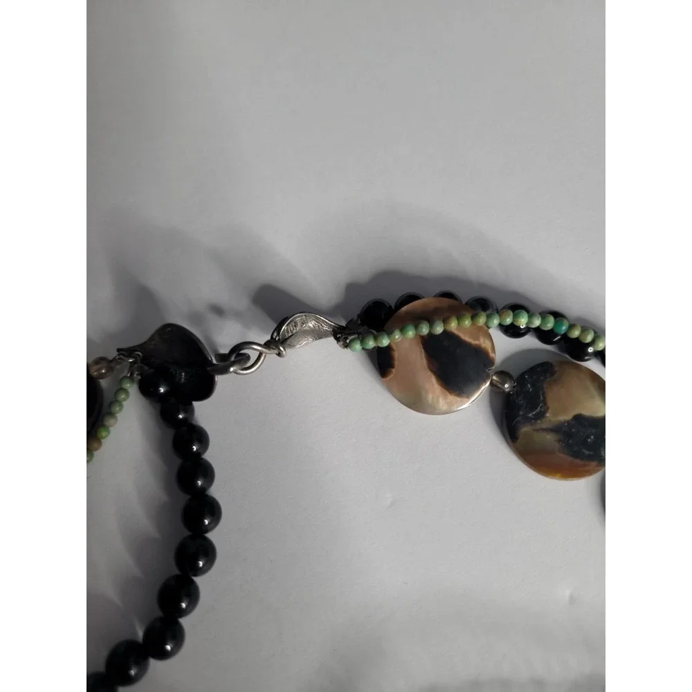 Multi Strand Shell Disc Necklace 925 Sterling‎ Clasp Black Bead Boho Artisan